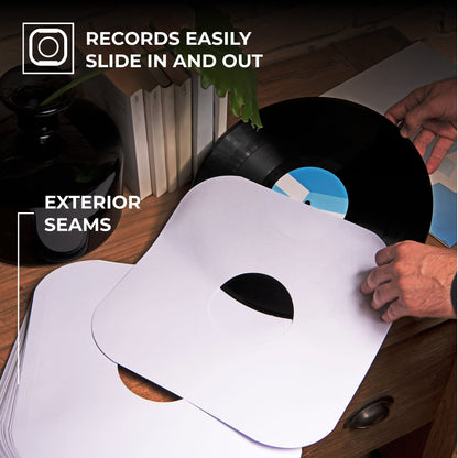 Big Fudge 50x Vinyl Record Inner Sleeves - Round Corners for 12" Records - Vinyl Record Sleeves in Heavyweight & Acid Free Paper - Protective LP Album Cover - White
