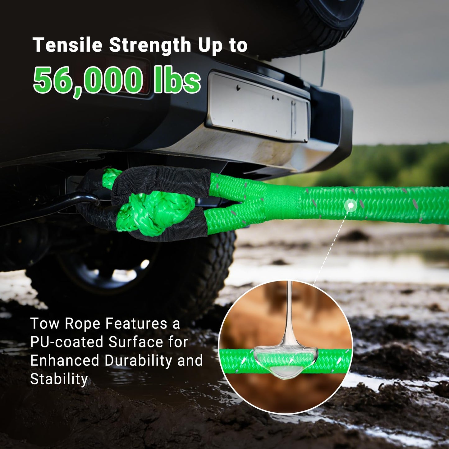 DAJOUJS Kinetic Recovery Tow Rope 7/8" x 30ft Tow Strap 48500lbs Snatch Strap with 2Pcs Soft Shackles 56000lbs Break Strength Heavy Duty Kinetic Towing Rope for Truck ATV UTV Offroad Recovery Rope Kit