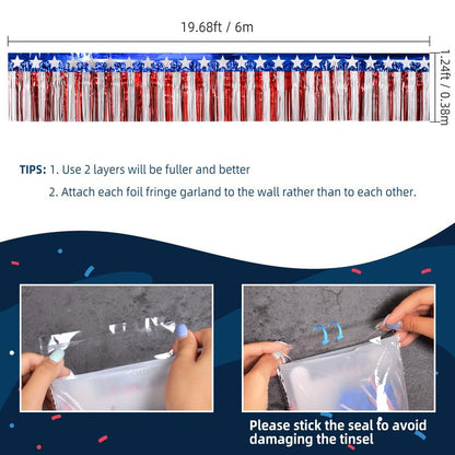 Mega-L 4th of July Decorations 2 Pack 40 Feet Foil Fringe Garland Tinsel Streamers, Red White and Blue Star Metallic Hanging Backdrop Banner Table Skirts for Parade Floats Memorial Day Patriotic Party