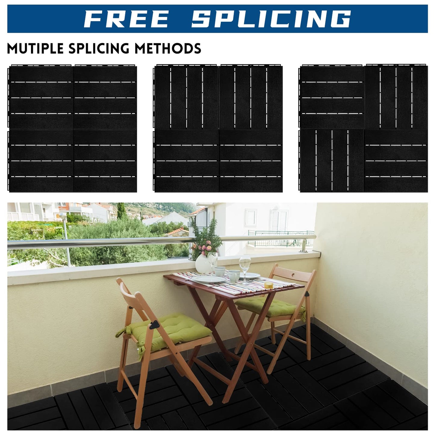 Treela 48 Pcs Plastic Interlocking Deck Tiles 12 x 12 Inch Patio Deck Tiles Waterproof Non-Slip Outdoor Flooring Composite Floor Boards for Porch, Poolside, Balcony, Backyard, Garden (Black)