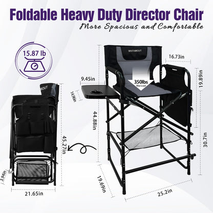 WKFAMOUT Tall Folding Directors Chair with Side Table 30.71" Seat Height Foldable Camping Chair Bar Stool for Makeup Artist Face Painting with Footrest and Storage Pocket Supports 350LBS