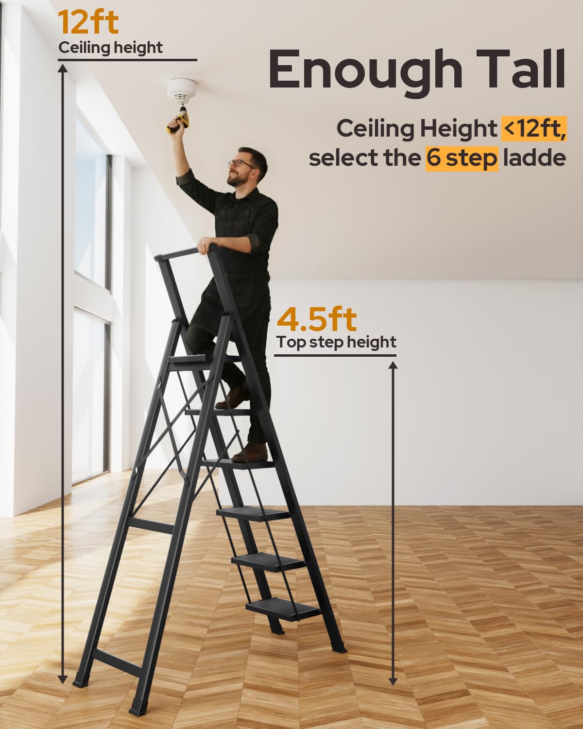 GameGem 6 Step Ladder for 12 Feet High Ceiling, Lightweight Aluminum Folding Step Stool with Convenient Handgrip, Stepladders with Anti-Slip and Wide Pedal for Home Use Space Saving - Black