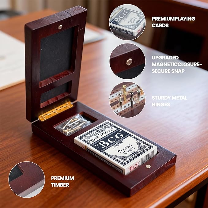 Cribbage Board Game Set Magnetic Lock &amp Built-in Storage - 3-Track Foldable Portable Travel Board for Family &amp Adults to Boost Logic Focus and Social Fun