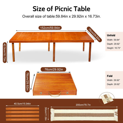 LCKJZYL Folding Picnic Table with Table Runner, 60 * 30in Wooden Picnic Table for Outdoors, Boho Low Coffee Table for Sitting on The Floor, Suitable for Beach, Park, Garden, Camping, Travel(Brown)