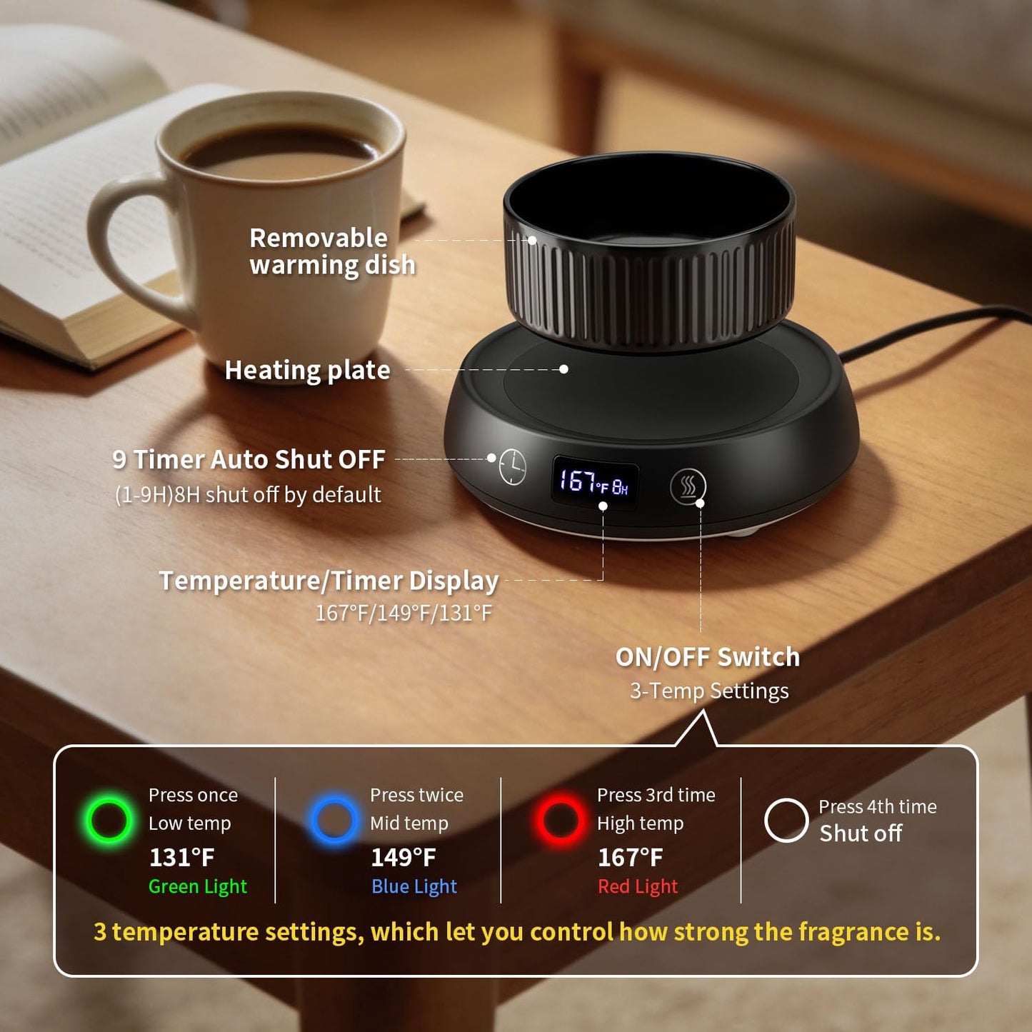 Lyty 4-in-1 Wax Melt Warmer, Candle Warmer with Delay Start Timer, Fragrance Scented Wax Melter Wax Cube Warmer with 3 Color Light for Home Bedroom Spa Office, 8H Auto Shut Off (Black)