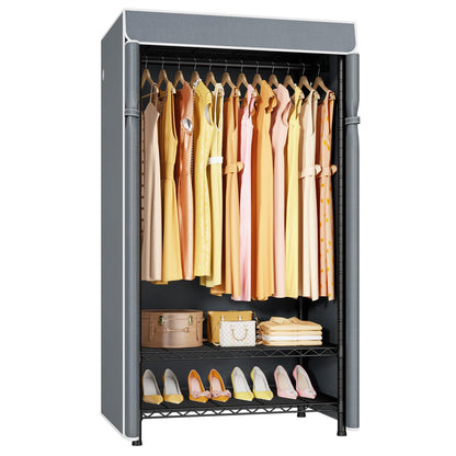 ULIFHOME H5C Clothes Rack with Cover, Portable Closet for Hanging Clothes, Covered Clothing Racks Heavy Duty, Garment Racks with Shelves, Max Load 360LBS, Black Closet Rack with Gray Cover