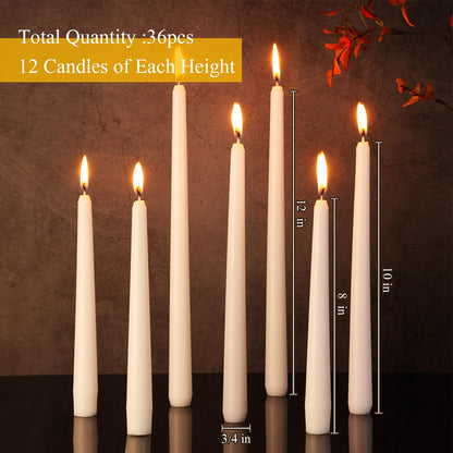 MTLEE Taper Candles 8/10/12 Multi Height Unscented Taper Candles 8 Burn Hours for Dinner Decorative Home Decoration Fall Thanksgiving Wedding Party Candlesticks(White,36)