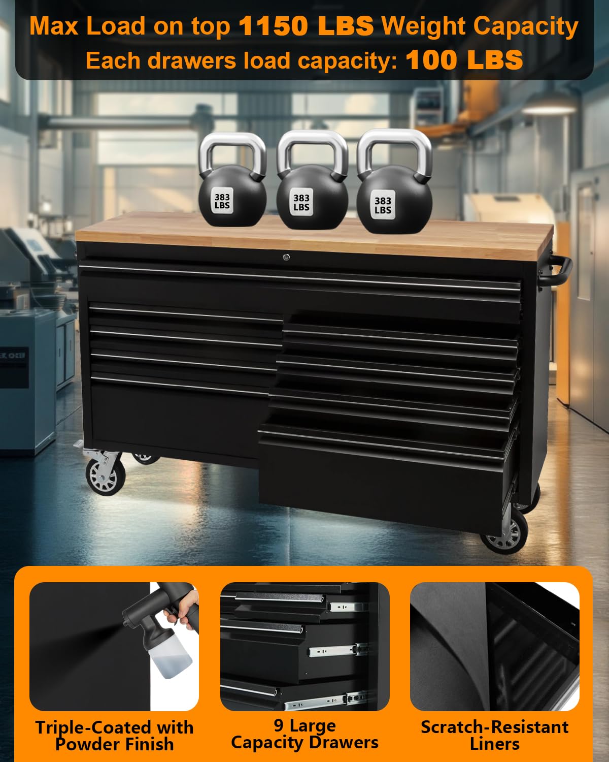 61" Rolling Tool Chest with 9 Drawers - Heavy-Duty Steel & Rubber Wood Workbench on Wheels, Garage Workbench with Key Locking System, Drawer Liners for Warehouse Repair Shop, Matte Black