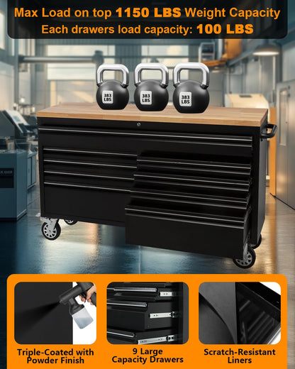61" Rolling Tool Chest with 9 Drawers - Heavy-Duty Steel & Rubber Wood Workbench on Wheels, Garage Workbench with Key Locking System, Drawer Liners for Warehouse Repair Shop, Matte Black