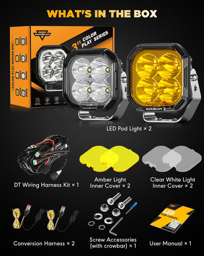 Auxbeam 3 Inch LED Pod Lights, Color Play Series Offroad Driving Light with White DRL & Amber Turn Signal, 11600LM 100W Fog Spot Light, Auxiliary Ditch Lights for Truck Jeep ATV UTV with Covers