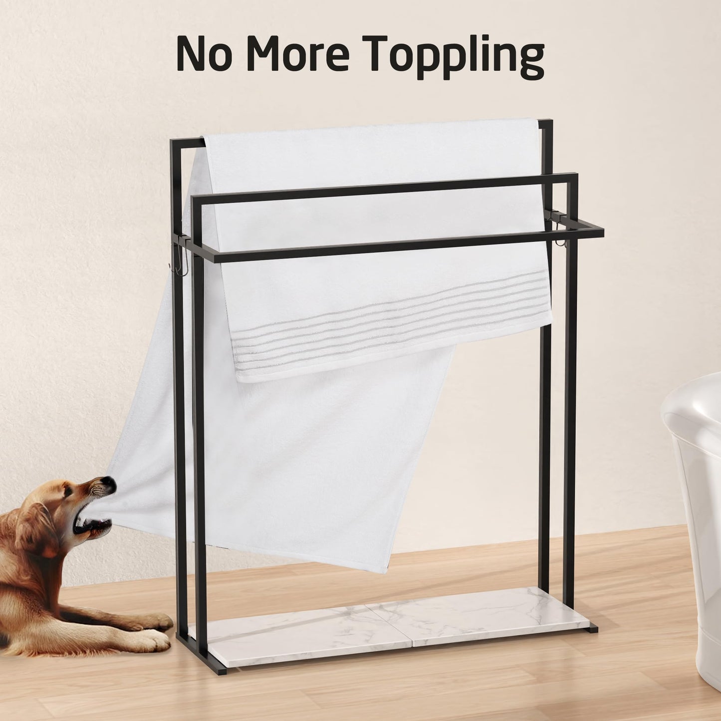 KES Extra Large Free Standing Towel Racks for Bathroom with Anti Wobble Base, 44 Inch Blanket Rack, 3-Tier Blanket Holder for Living Room with Weighted Marble Shelf & 4 Hooks, Matte Black, BTH504-BK