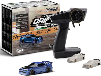 Turbo Racing 1:76 Scale Drift RC Car with Gyro Mini Full Proportional RTR 2.4GHZ Remote Control with 2 Replaceable Body Shell (C64-BLUE)