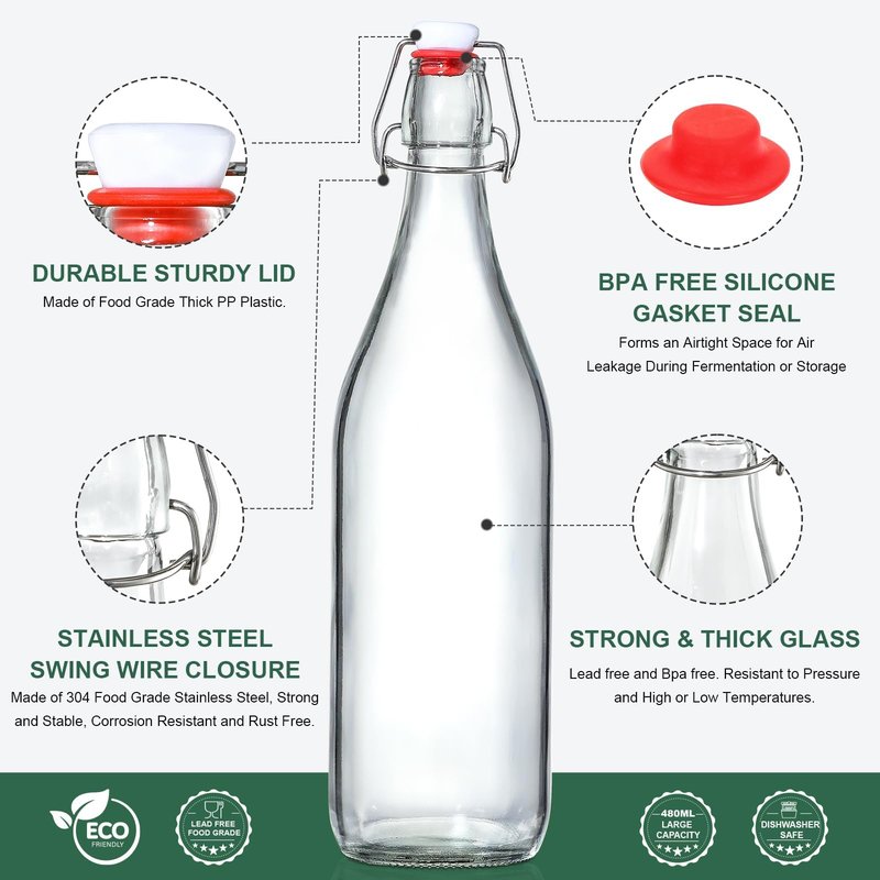 8 Set 16 OZ Swing Top Glass Bottles - Flip Top Beer Brewing Bottles with Stopper for Fermentation, Kombucha, Mead Kefir, Vanilla Extract, Juice, Tea, Wine, Soda - Airtight Cap Lids, Bonus 2 Pourers