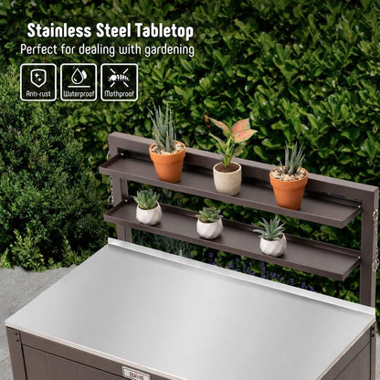 Feasto Outdoor Potting Bench Table with Storage Cabinet, Stainless Steel Garden Workstation, Raised-Edge Top, Adjustable Shelf & Removable Hutch for Patio, Balcony & Outdoor Workspace, Brown