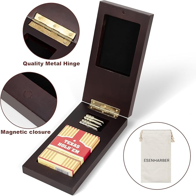 Foldable Wooden Cribbage Board Set - Elegant 3-Track Design with Magnetic Closure 9 Metal Pegs Full Deck of Cards Perfect for Family Game Nights and Travel