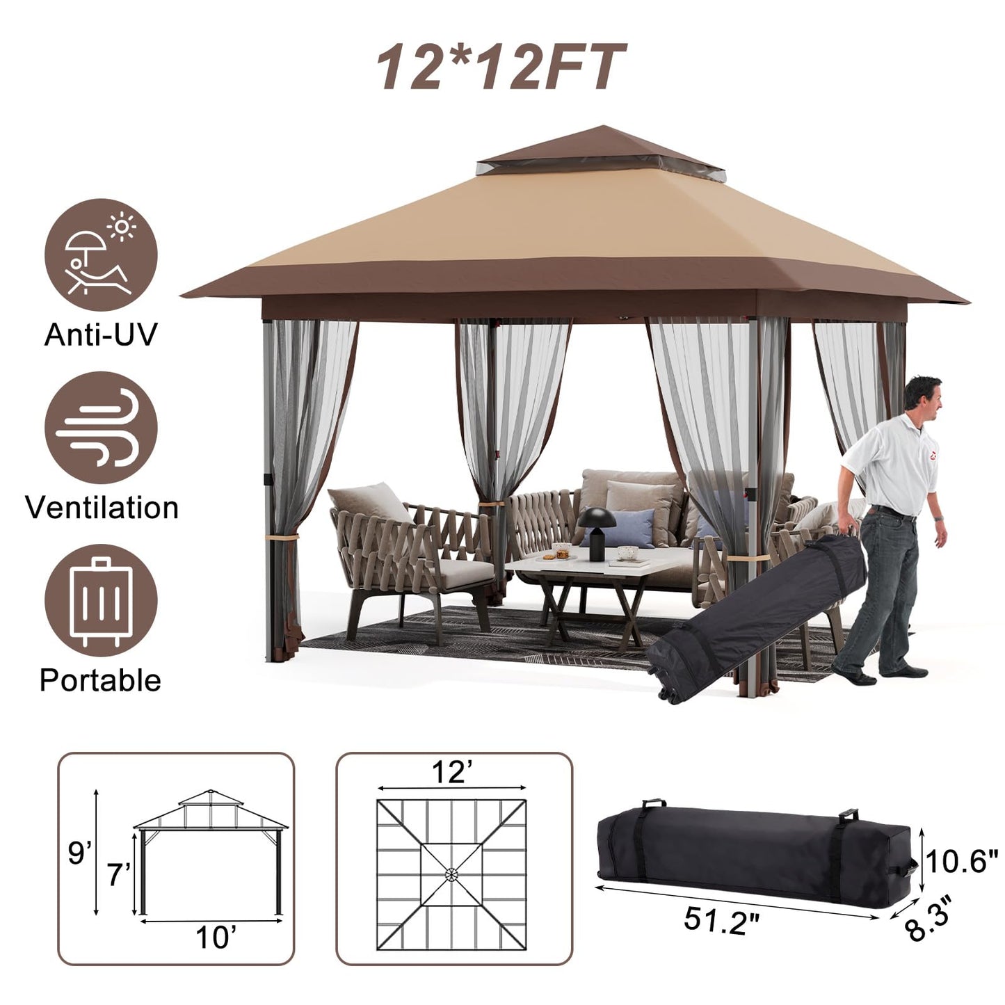 Garvee 12x12 Gazebo, Instant Outdoor Canopy Tent with Mosquito Netting, Screen Tent with 4 Ropes, 8 Stakes, 4 Sandbags and Wheeled Storage Bag, Shelter Canopy for Patio Garden Backyard, Khaki