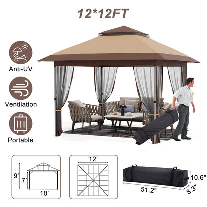 Garvee 12x12 Gazebo, Instant Outdoor Canopy Tent with Mosquito Netting, Screen Tent with 4 Ropes, 8 Stakes, 4 Sandbags and Wheeled Storage Bag, Shelter Canopy for Patio Garden Backyard, Khaki