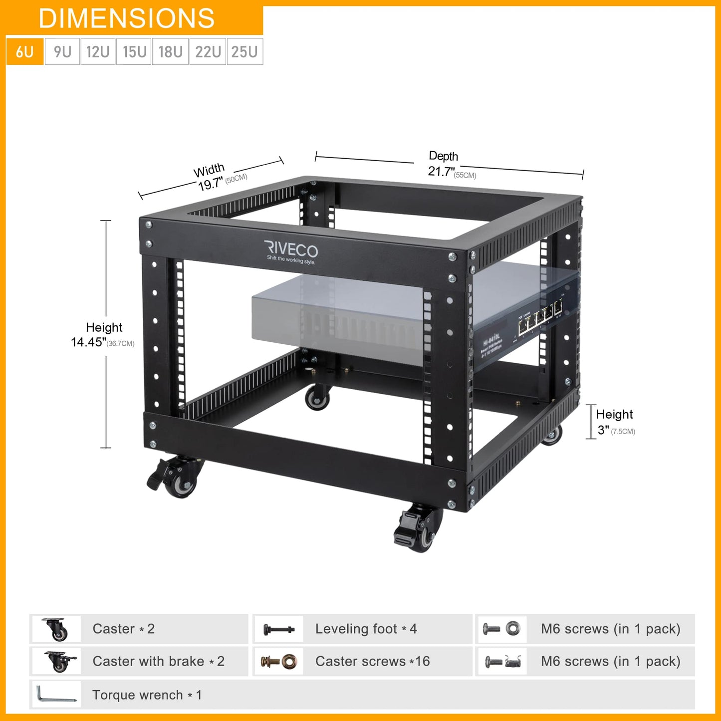 RIVECO 6U Open Frame Server Rack with Wheels- Heavy Duty 4 Post Quick Assembly 19-inch Support 600KG Equipment Home Network Cabinet Black