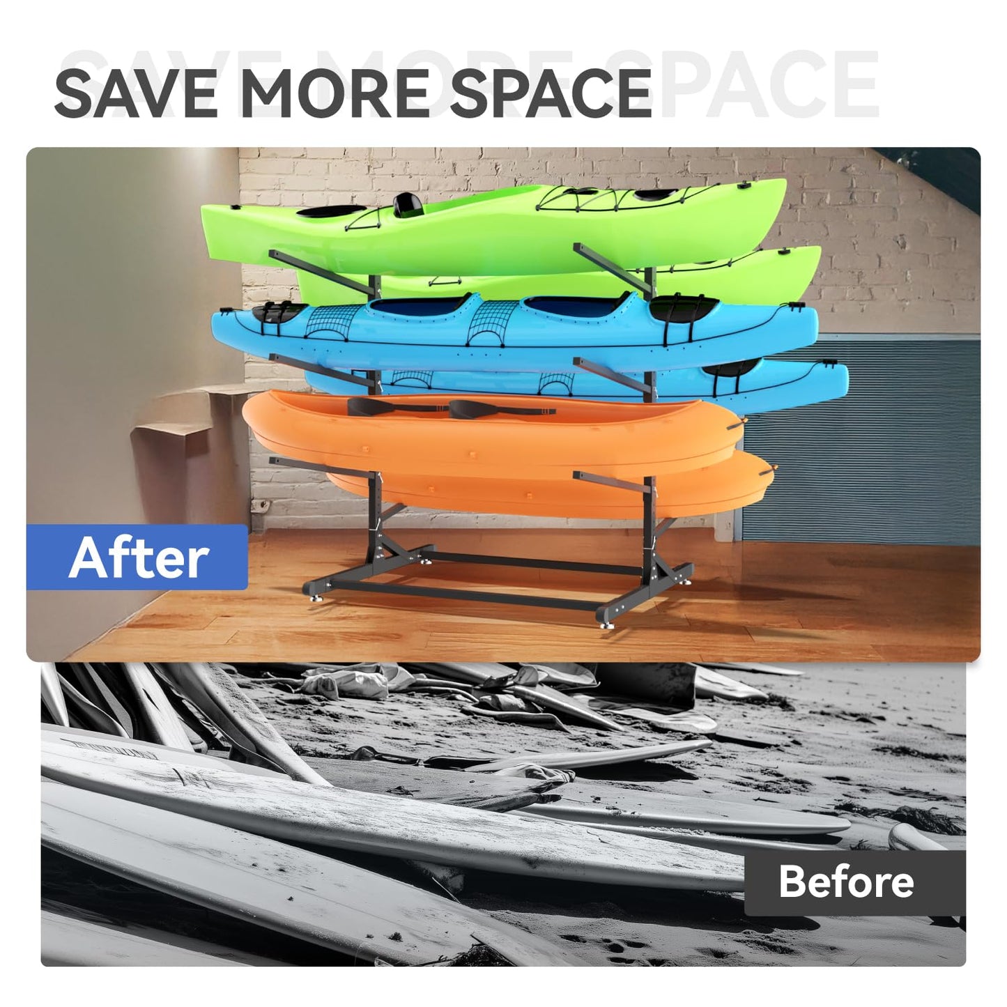 LNEUIE Kayak Storage Rack, Heavy Duty Kayak Rack for Garage, 6 Level Adjustable Kayak Stand Holds Up to 600 lbs for Kayaks, Paddleboards, Surfboards, Indoor Outdoor Kayak Holder(6 Kayaks)