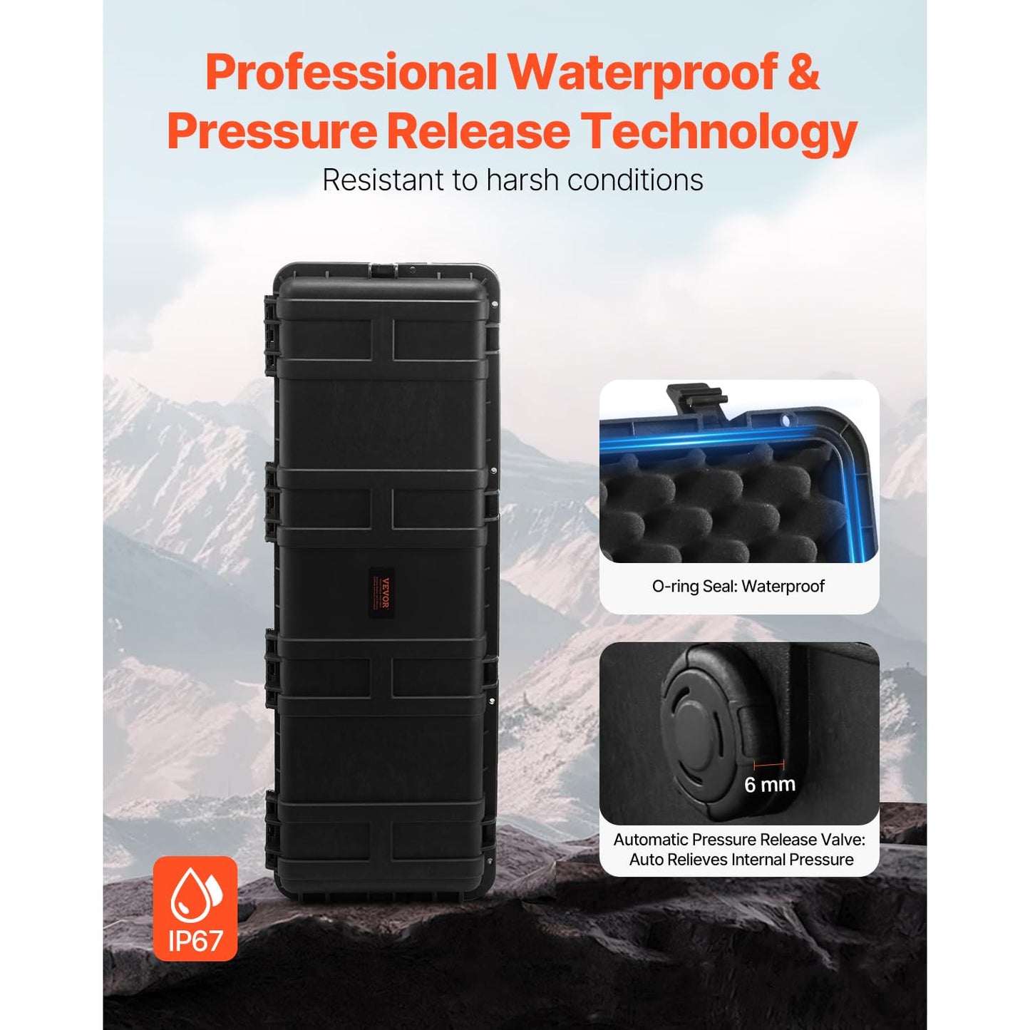 VEVOR Weatherproof Hard Case, Heavy Duty Protective Dry Box Case with Pre-Cut Foam Retractable Pull Handles for Travel, Hunt, Military, Tactical, IP67 Waterproof, for Cameras(44.09 * 15.94 * 13.46)