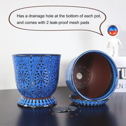 Gepege 6-Inch Beaded Ceramic Planter Set of 2 - Drainage Hole & Saucer for Indoor/Outdoor Use | Blue