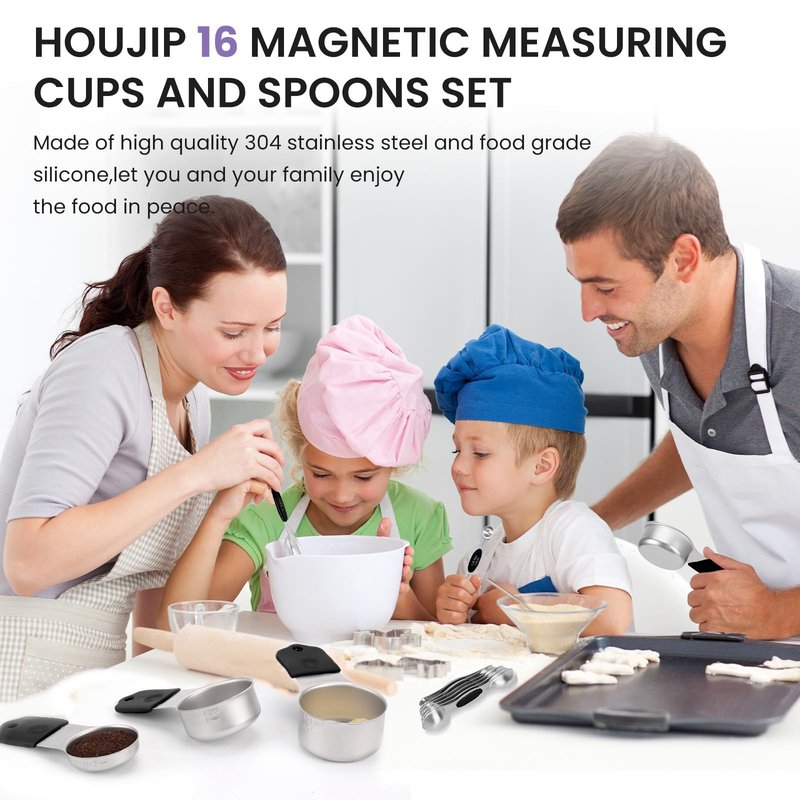 Magnetic Measuring Cups and Spoons Set-Heavy Duty 304 Stainless Steel，Double Measurement Markings，Set of 16 with Leveler for Measure Dry and Liquid Ingredients (Black)