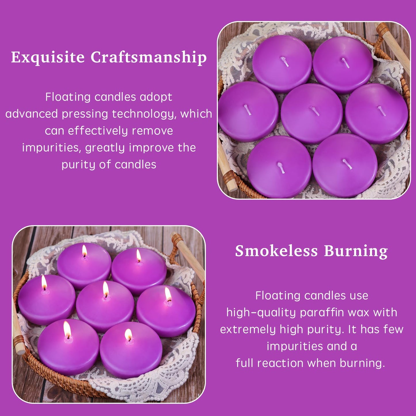 3 inch Purple Floating Candles 8-9 Hours Floating Candle for Centerpieces 30 Packs Unscented Floating Candles 3” Water Candles for Cylinder Vases, Pool, Wedding