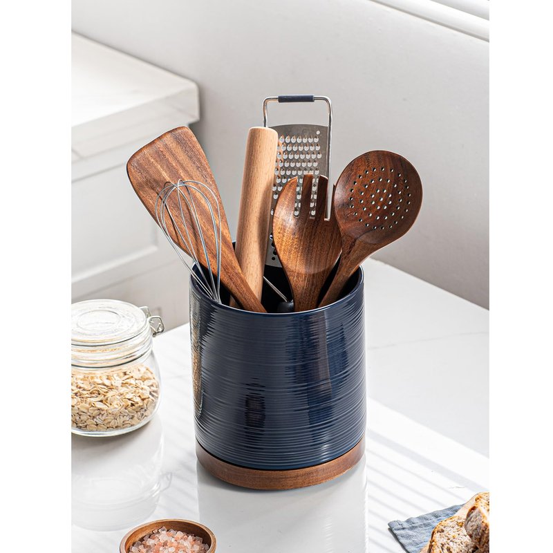 MIKIGEY Utensil Holder, 360° Rotating Extra Large Ceramic Kitchen Utensil Holder for Countertop, 7.3“ Cooking Utensil Crocks for Kitchen Counter with Rotatable Wooden Base, Farmhouse Decor, Dark Blue