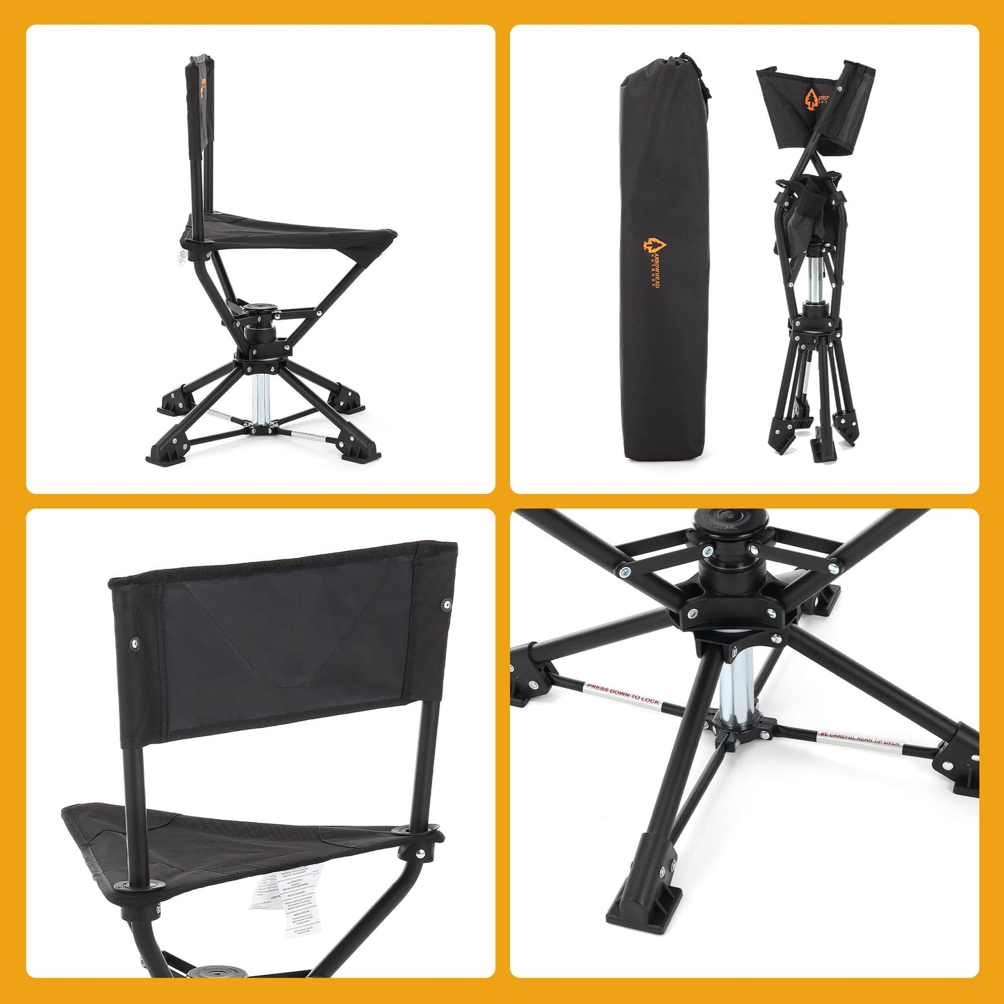 ARROWHEAD OUTDOOR 2-Pack 360° Degree Swivel Hunting Chair Stool Seat, Perfect for Blinds, No Sink Feet, Carrying Case, Fishing, 600D Canvas