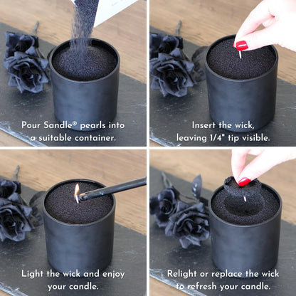 Sandle by Foton Pearled Candle 10 Oz – Black Unscented, Non Toxic Luxury Long Lasting Sand Candles up to 60 Hours - Refillable Sand Candle with 15 Wicks for Candles Making