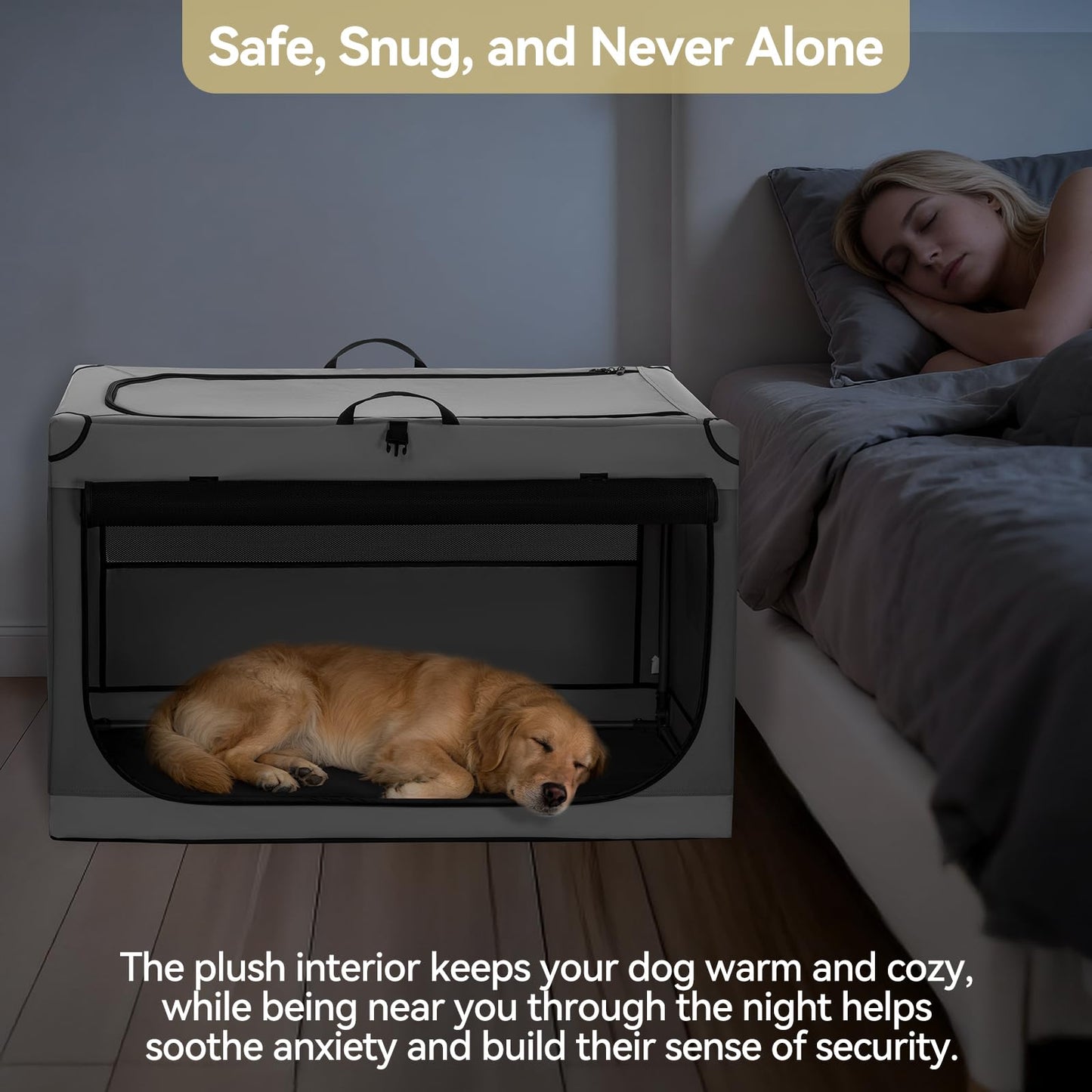 PETSFIT Portable Dog Crate for Medium Large Dogs, – 36" Soft Dog Travel Crates with Lockable Zippers & Thicken Mat, Adjustable Patented Spiral Steel Frame, Collapsible Kennel for Indoor & Outdoor
