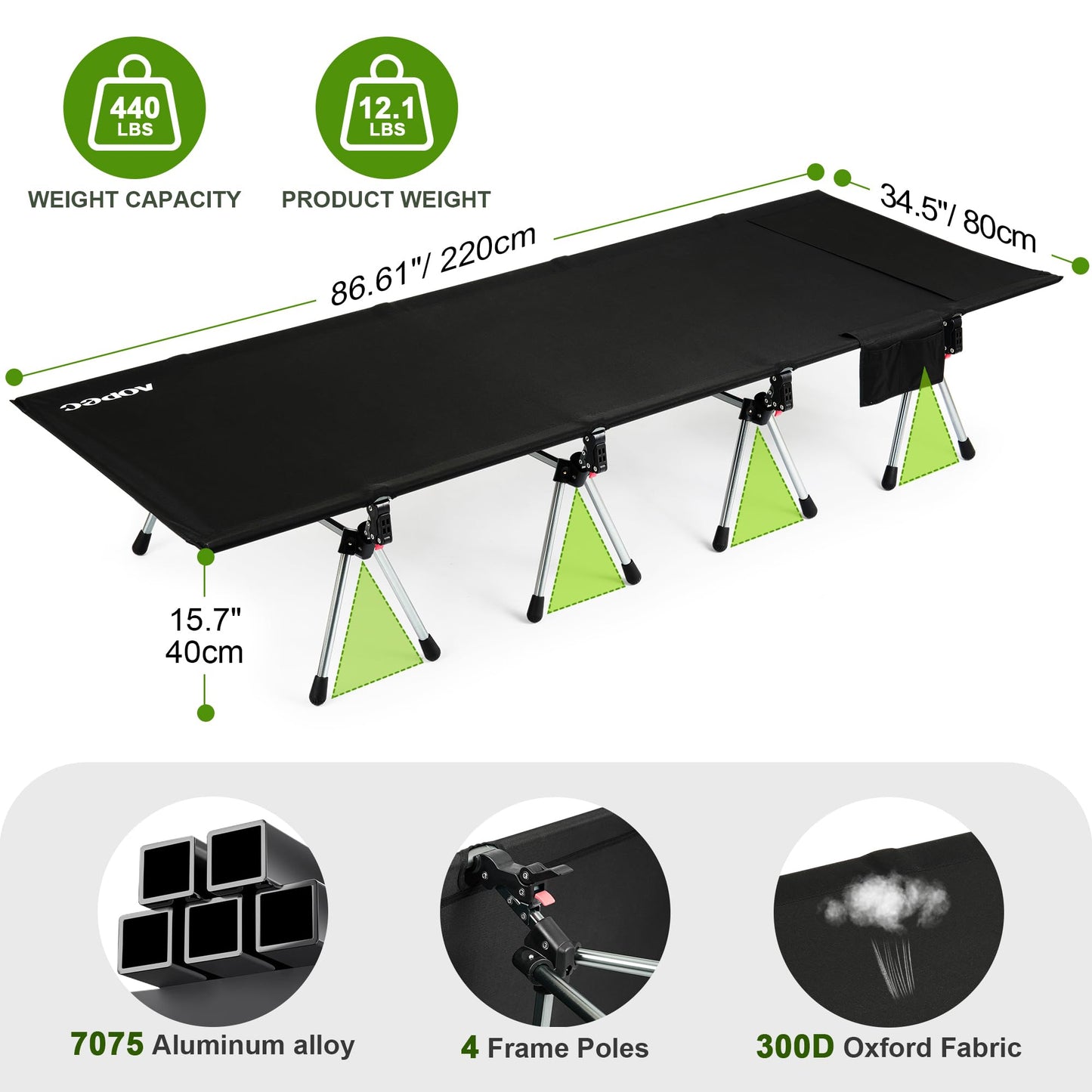 AOPEC 87" Camping Cot, Heavy Duty 400lbs Capacity, Adjustable Height with Leg Extenders, Lightweight Aluminum Frame Portable Folding Bed for Camping,Travel, Beach, Office Nap