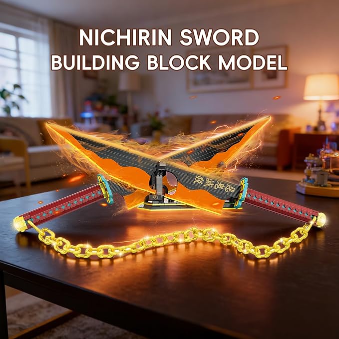 Anime Dual Cleaver Building Set - 1478 Pieces Sound Ninja Sword Model with Golden Chain 82 Inch Huge Nichirin Style Weapon Flashy Cosplay Prop Construction Toy for Adults (Amber &amp Black)