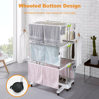 Ergocar Airer Clothes Drying Rack, 4-Tier Foldable Clothes Hanger, Adjustable Stainless Laundry Dryer Hanger, Rolling Clothes Drying Rack with Wheels, for Indoor & Outdoor, White