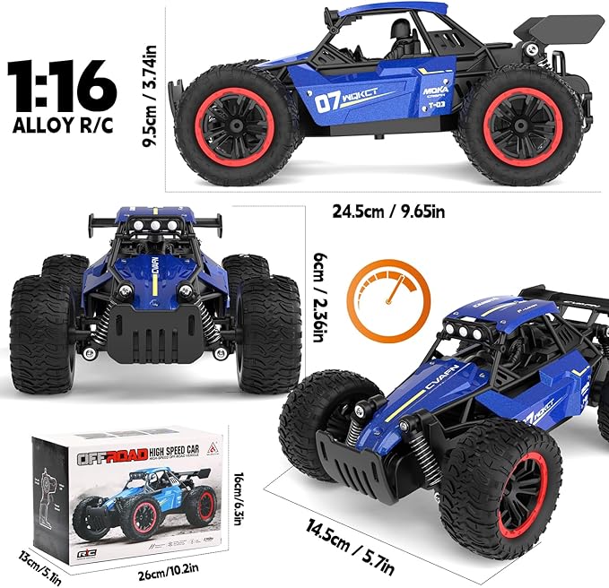 1/16 Scale Remote Control Monster Truck 20 + km/h Outdoor 2WD Off Road Hobby RC Truck With LED light &amp rechargeable battery All Terrain Fast RC Car Toy Ideal Gift for Kids Boys &amp Girls Age