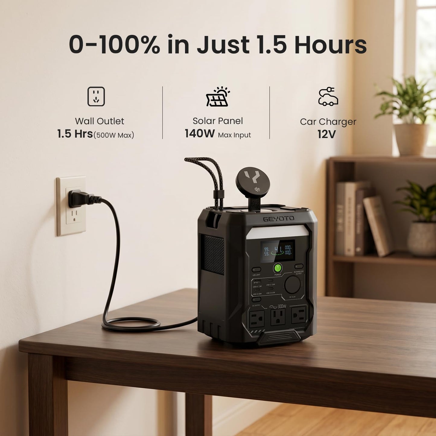 GEYOTO N300 Portable Power Station, 256Wh LifePO4 Battery,300W AC Outlets (500W P-Boost), 25W Wireless Charging, <10ms UPS Solar Generator for Camping Travel