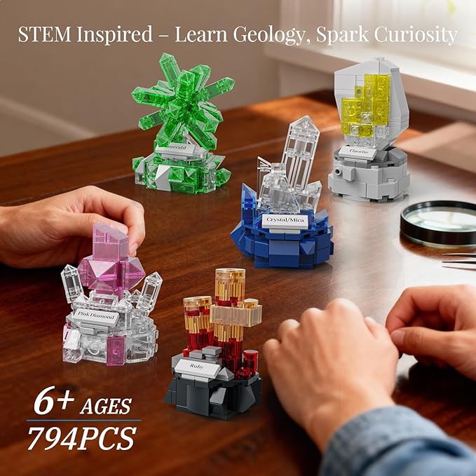 Mineral Display Building Blocks Set 794pcs 9 Pack Gemstone Models Crystal Rock Collection STEM Geology Bonsai Gems Home Office Decor Compatible with Lego for Kids Adults Boys Girls 6+