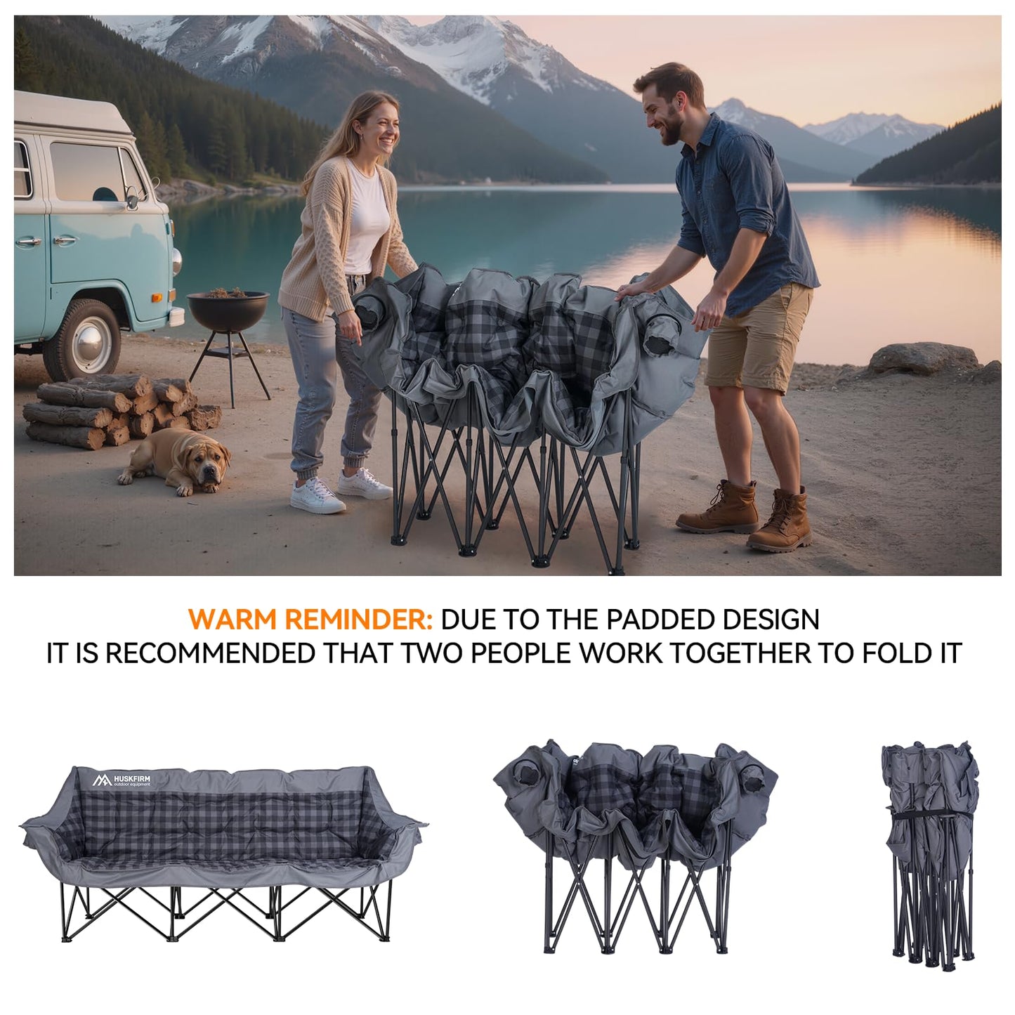 Huskfirm 3 Person Camping Chair Padded Loveseat Camping Chair Folding Camping Couch Portable Double Camping Chairs Heavy Duty Camp Chair for Adults Outdoor Lawn with Two Cup Holders and Carry Bag