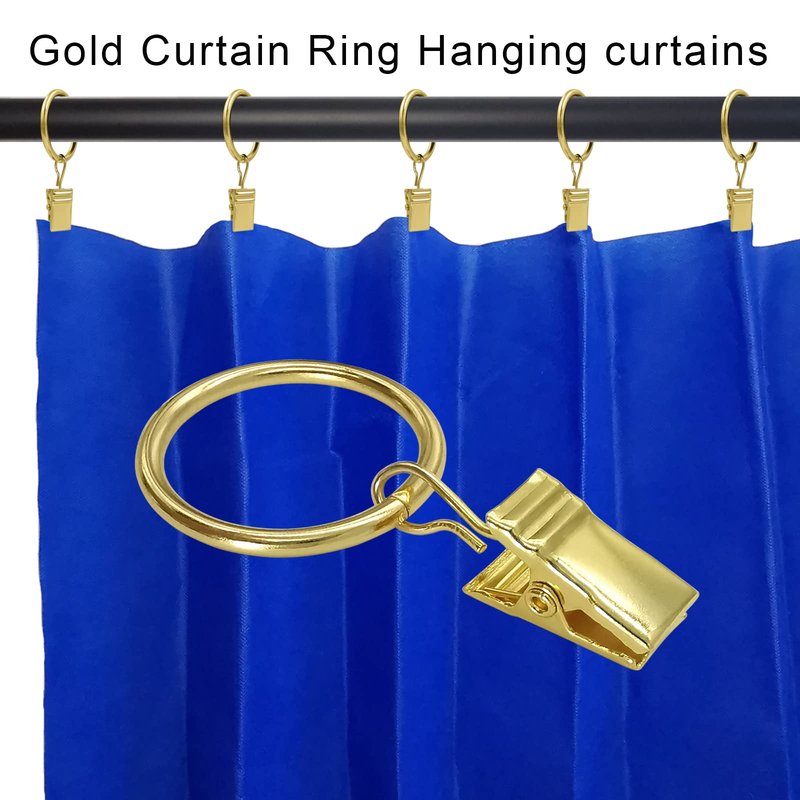 AMZSEVEN 44 Pack Metal Curtain Rings with Clips, Drapery Clips with Rings, Drapes Rings 1 inch Inner Diameter, Fits Diameter 5/8 inch Curtain Rods, Gold