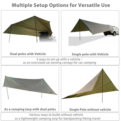 GEERTOP Large Car Tailgate Awning Tarp with 10m LED String Lights Waterproof Outdoor Rear Vehicle Awning Shelter for Van, MPV, Campers