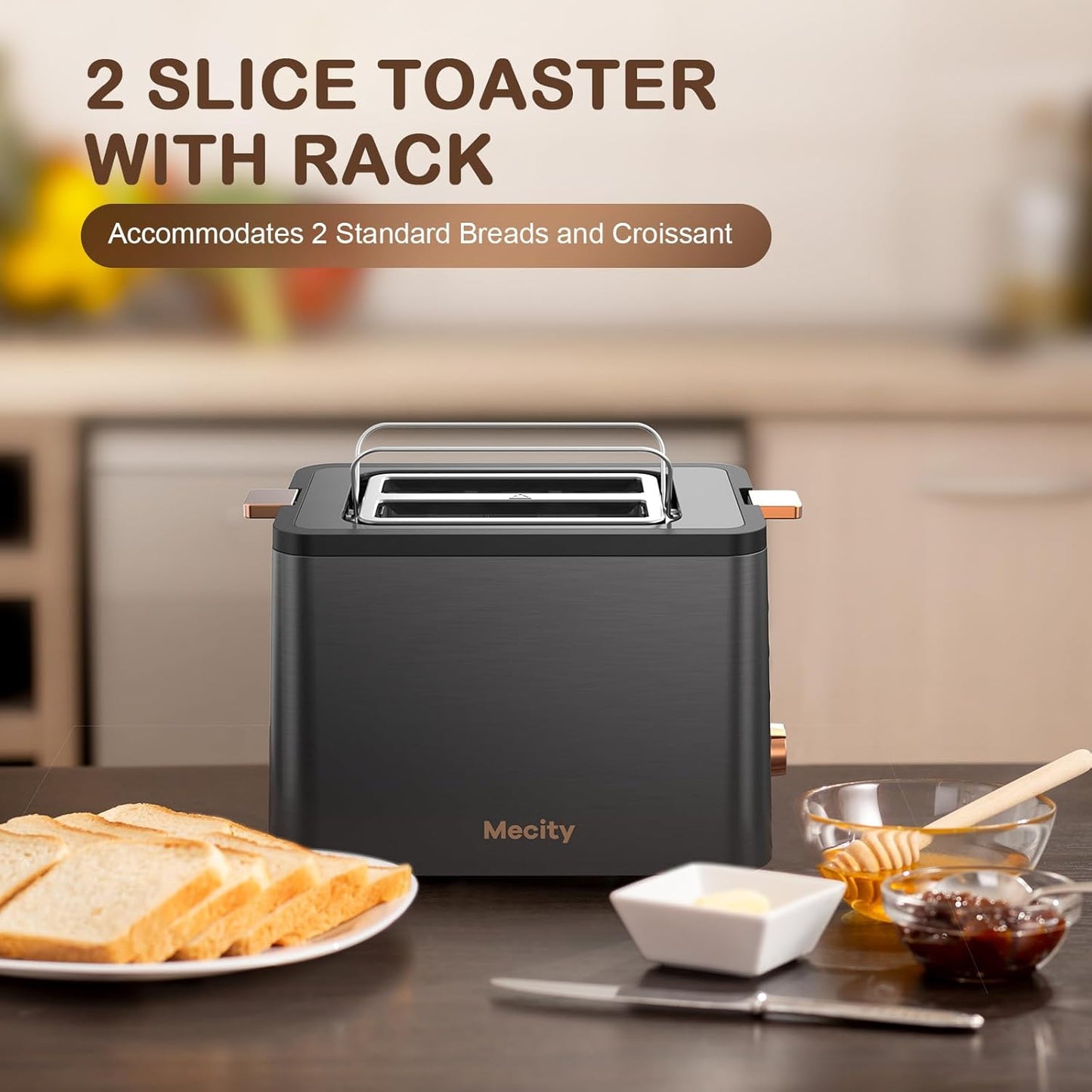 Mecity 2-Slice Toaster - Stainless Steel Body with 6 Browning Settings & Extra Wide Slots | Grey