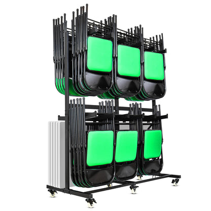 Gliretiky Folding Chair Cart Storage Rack Thickened Two Tier Heavy Duty Folding Table Chair Racks for Storage with Locking Rubber Wheels can Withstand 800LBS Capacity