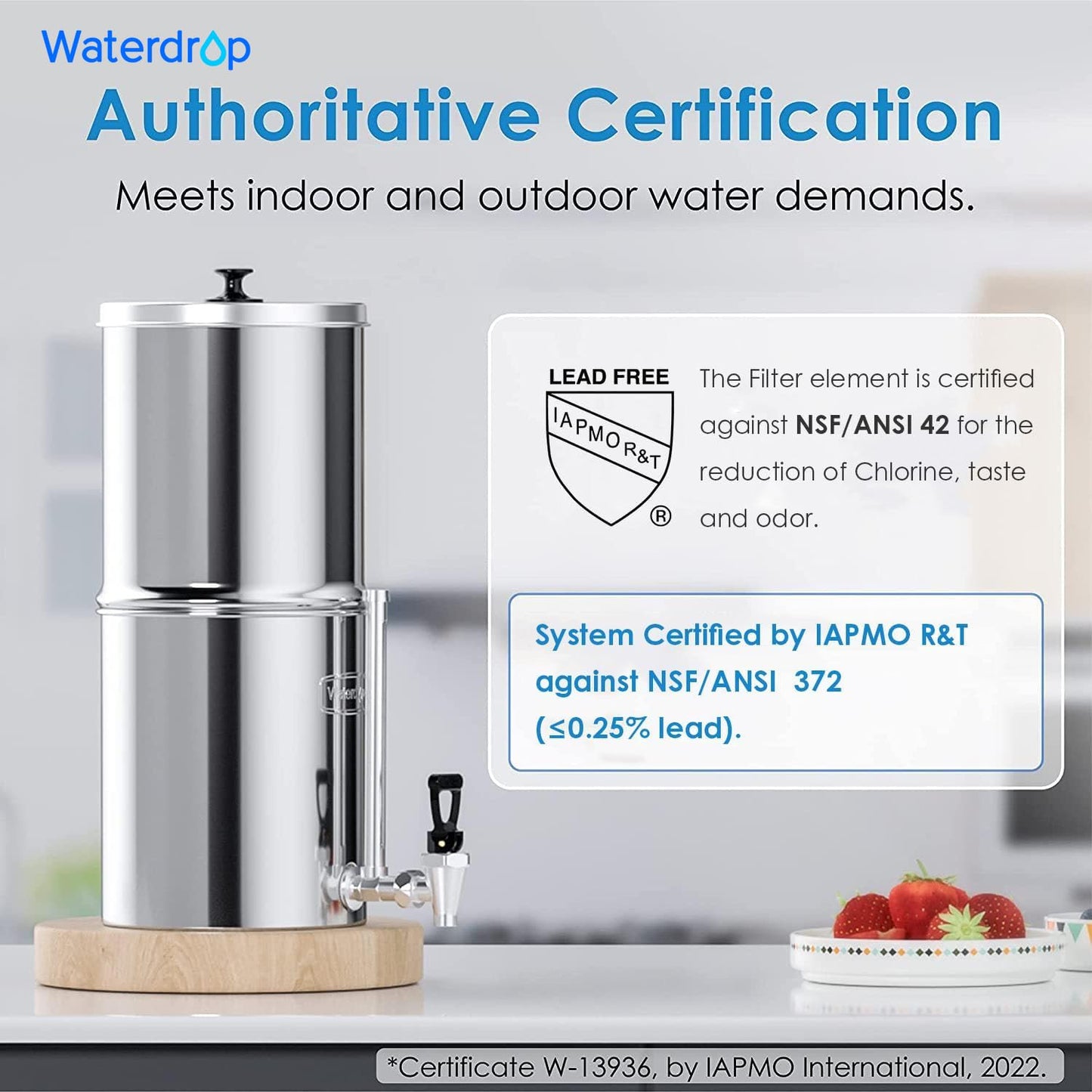 Waterdrop TK Gravity Water Filter System with Sight Glass Spigot, NSF/ANSI 42&372 Standard, PFAS, Chlorine and Lead Reduction, Stainless-Steel Water System for Home, Travel, Emergencies, 2.25G