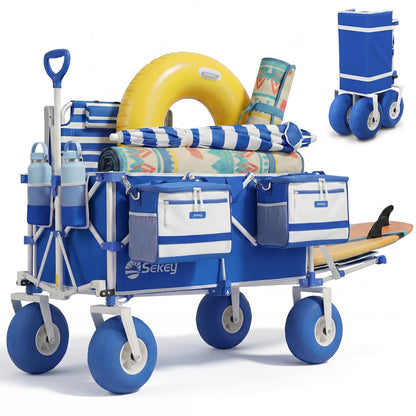Sekey Heavy Duty Beach Wagon with 9" Big Sand-Proof Wheels, 300L Oversized Foldable Beach Cart with Cooler| Adjustable Handle & Balloon Tires for Sand, Camping,Vacation