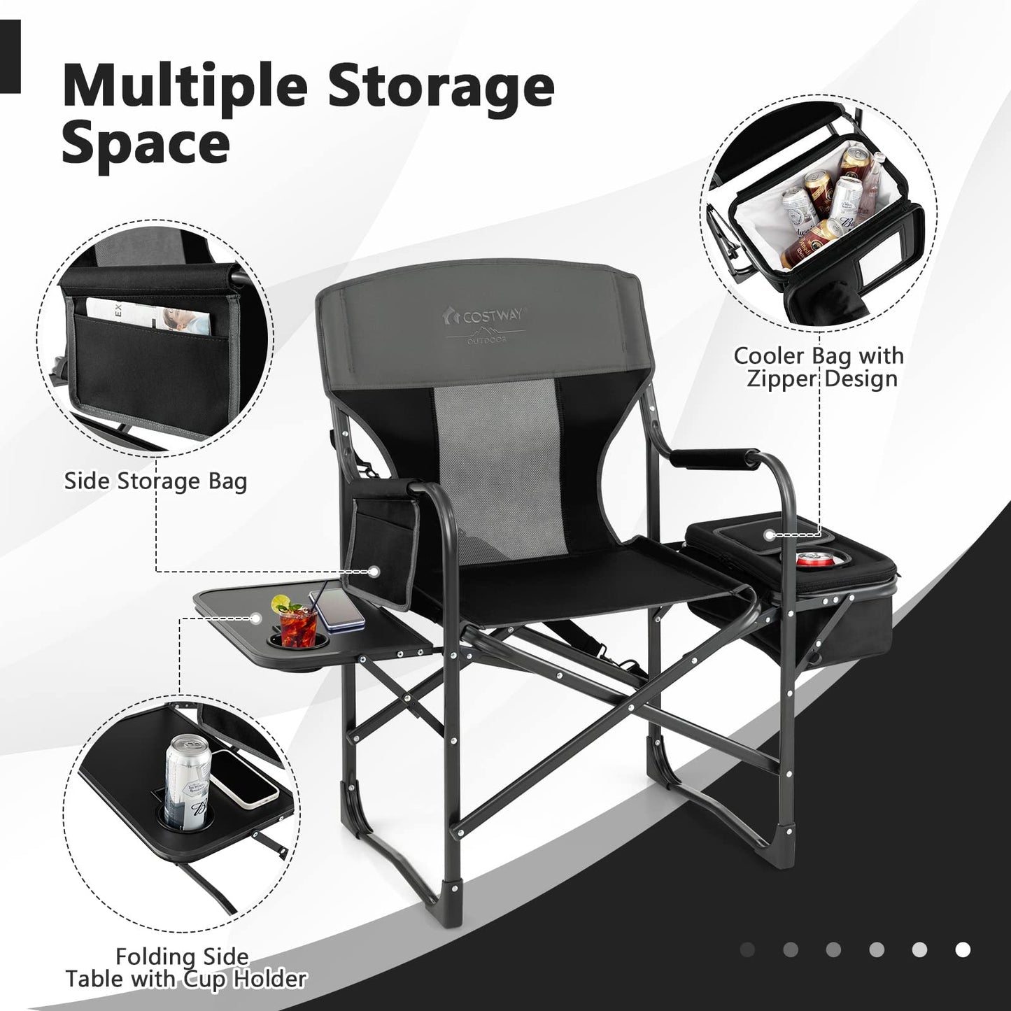 COSTWAY 2-Pack Folding Camping Chair, Heavy-Duty Director Chair Supports 400lbs for Adults with Side Table, Cooler Bag, Storage, Strap, Portable Makeup Chair Set of 2 for Fishing Picnic, Black