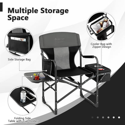 COSTWAY 2-Pack Folding Camping Chair, Heavy-Duty Director Chair Supports 400lbs for Adults with Side Table, Cooler Bag, Storage, Strap, Portable Makeup Chair Set of 2 for Fishing Picnic, Black