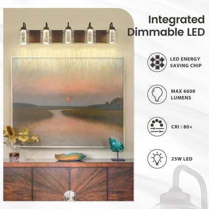 zeyu 25W LED Bathroom Vanity Lighting Fixture, 5-Light, Oil Rubbed Bronze, Crystal Bubble Glass, Model ZSL72B-5W LED ORB-1