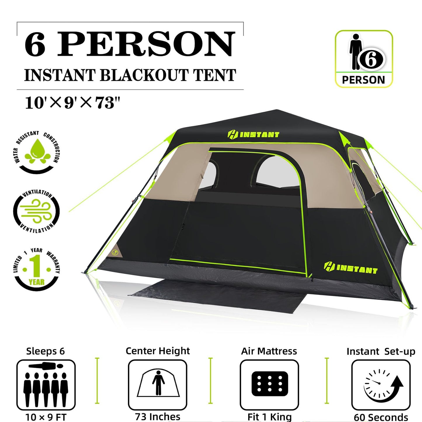 HINSTANT Camping Tent, 6 Person Blackout Instant Tents for Camping with Top Rainfly, 60s Easy Setup, Waterproof & Light-Blocking Cabin Tent for Family with Expandable Carry Bag, Upgraded Ventilation