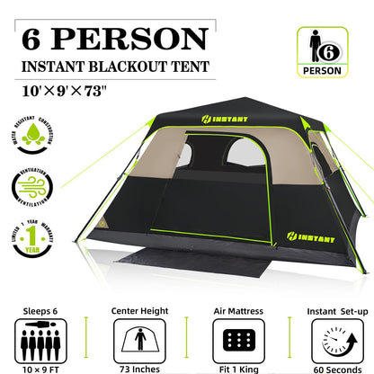 HINSTANT Camping Tent, 6 Person Blackout Instant Tents for Camping with Top Rainfly, 60s Easy Setup, Waterproof & Light-Blocking Cabin Tent for Family with Expandable Carry Bag, Upgraded Ventilation