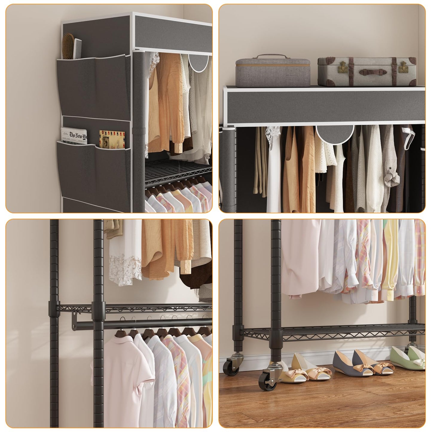 Homdox Garment Rack with Cover, Heavy Duty Clothing Rack for Hanging Clothes, Portable Closet Wardrobe, Double Rods Garment Rack with wheels, 35.1" W x 17.4" D x 80.6" H, Gray